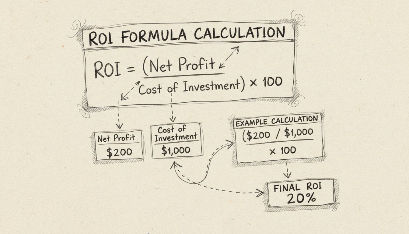 Diagrama a lápiz mostrando el cálculo de la fórmula ROI con ejemplo