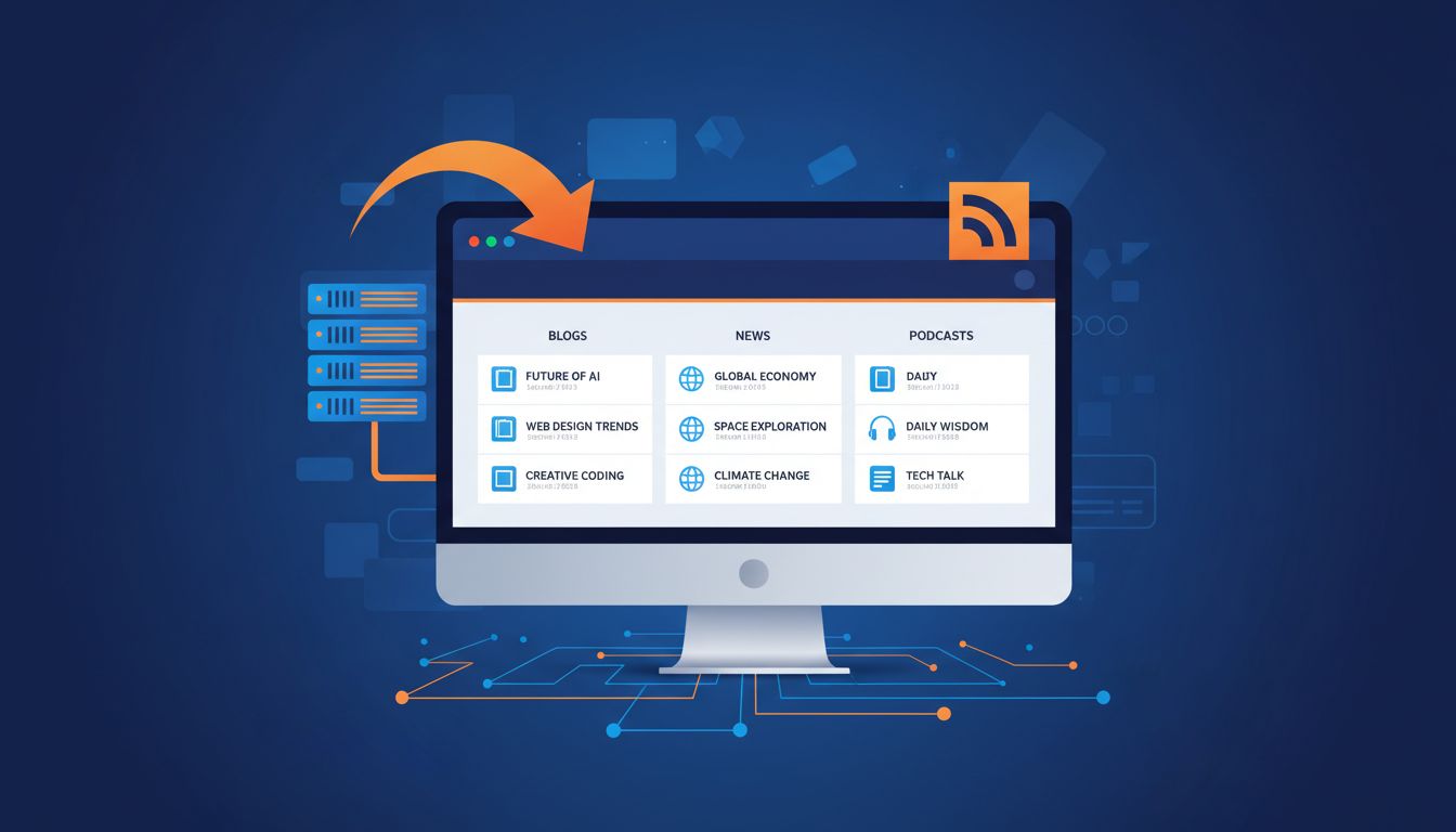 Interfaz de lector de feeds RSS mostrando múltiples fuentes de contenido organizadas en columnas con entradas de blogs, artículos de noticias y podcasts