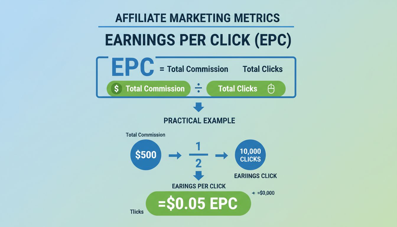 Infografía de la fórmula de cálculo de EPC que muestra la comisión total dividida por los clics totales