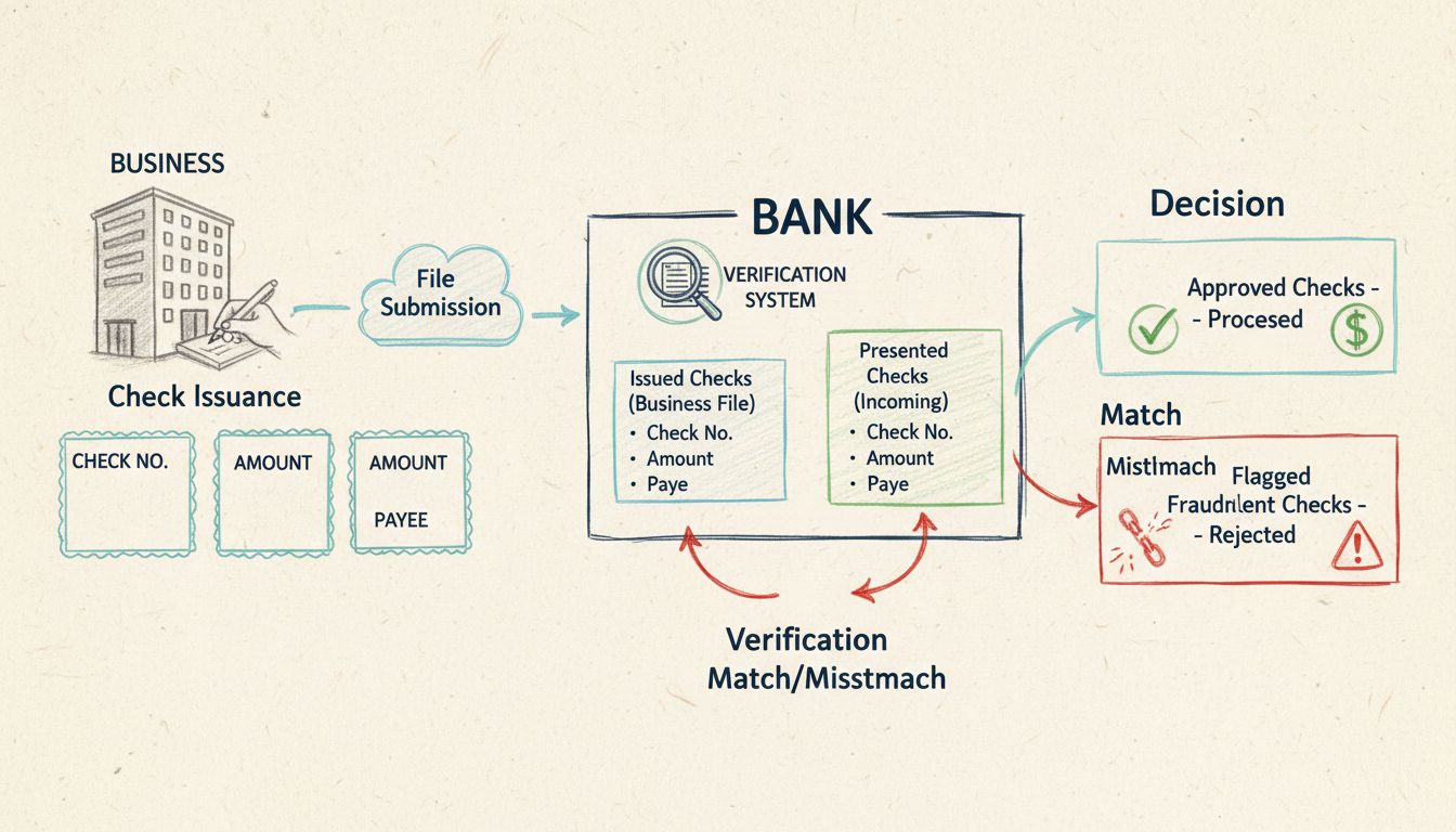 Diagrama del flujo del proceso Positive Pay que muestra emisión de cheques, envío de archivo, presentación de cheque, verificación de coincidencias y etapas de decisión