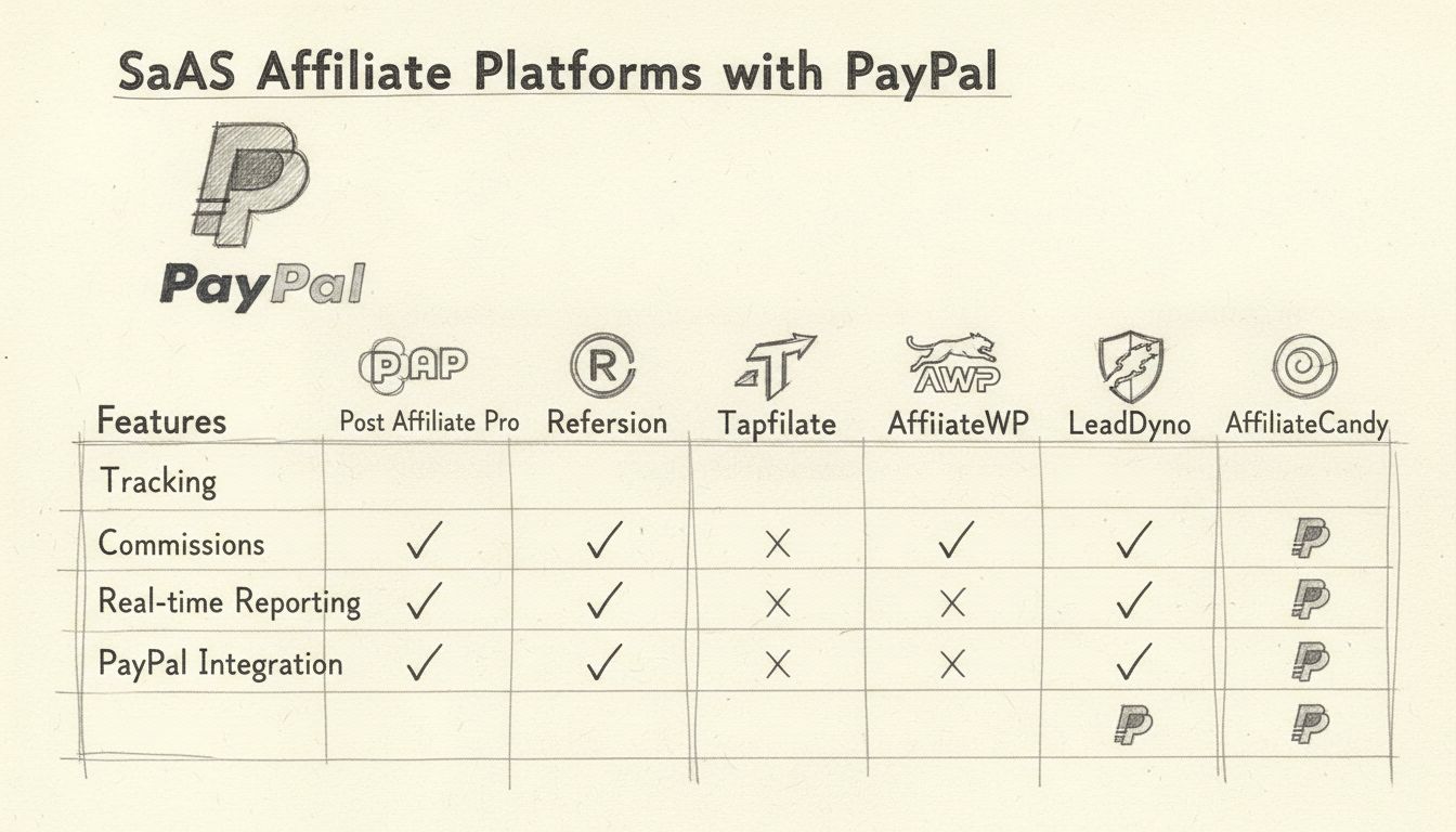 Diagrama comparativo de 6 plataformas de software de afiliados para SaaS con integración a PayPal