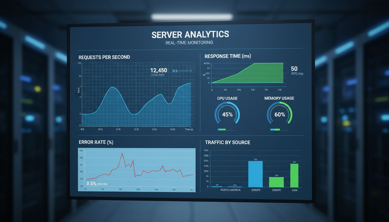 Panel de monitoreo de servidor mostrando hits en tiempo real, peticiones por segundo, tiempos de respuesta, uso de CPU, uso de memoria y tasas de error con una interfaz profesional de analítica