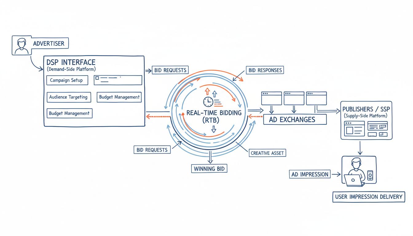 Diagrama técnico que muestra cómo funcionan las plataformas del lado de la demanda en la publicidad programática, con interfaz del anunciante, puja en tiempo real, ad exchanges, publishers y entrega de impresión al usuario
