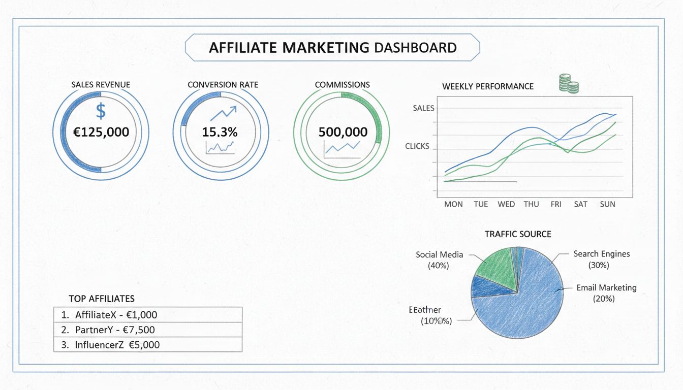Panel de marketing de afiliados mostrando métricas KPI del informe rápido con ingresos por ventas, tasa de conversión, clics, comisiones y los mejores afiliados