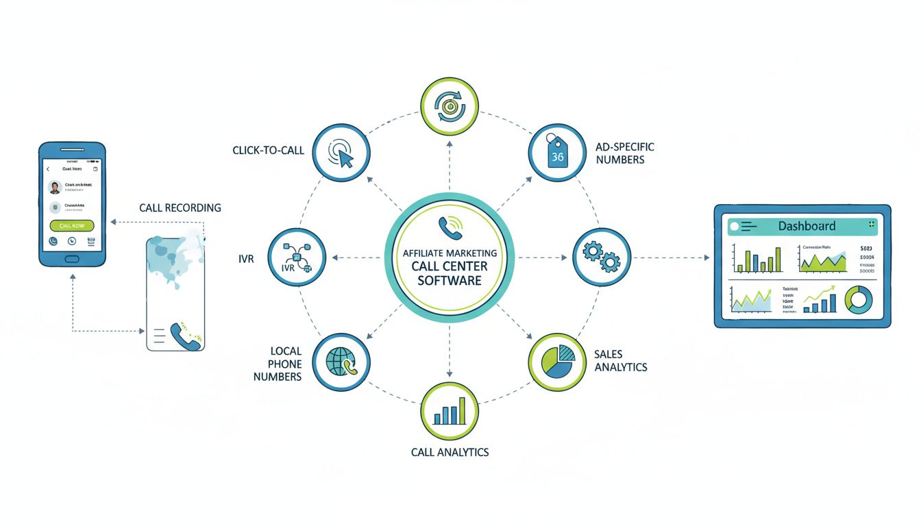 Funciones de software de centro de llamadas para marketing de afiliados incluyendo click-to-call, grabación de llamadas, IVR, ACD, números específicos para anuncios, integración con CRM, números locales, analítica de llamadas y de ventas