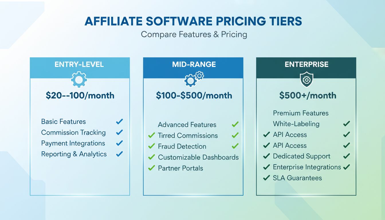 Gráfico comparativo de precios de software de afiliados mostrando opciones básicas, gama media y empresariales junto con sus funciones