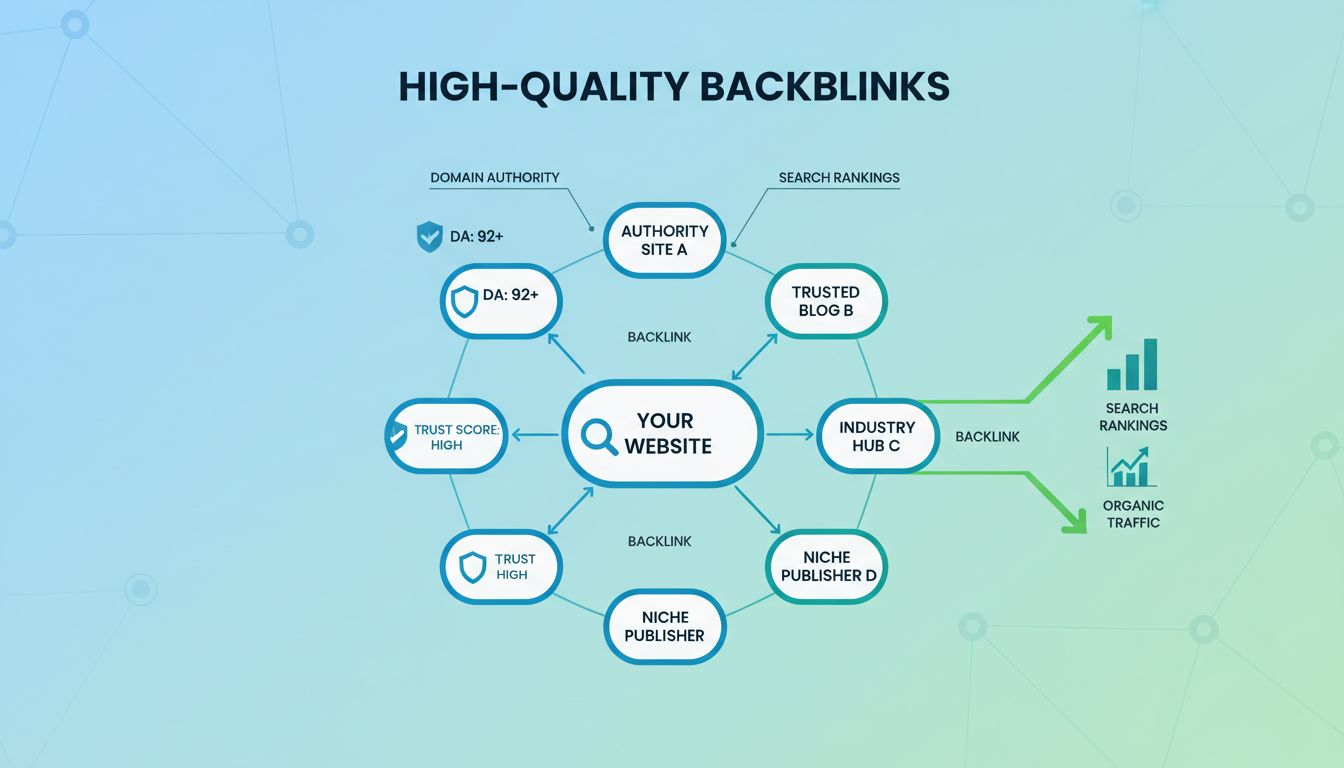 Diagrama profesional que muestra cómo los backlinks de alta calidad mejoran el SEO con autoridad de dominio, rankings de búsqueda y tráfico orgánico