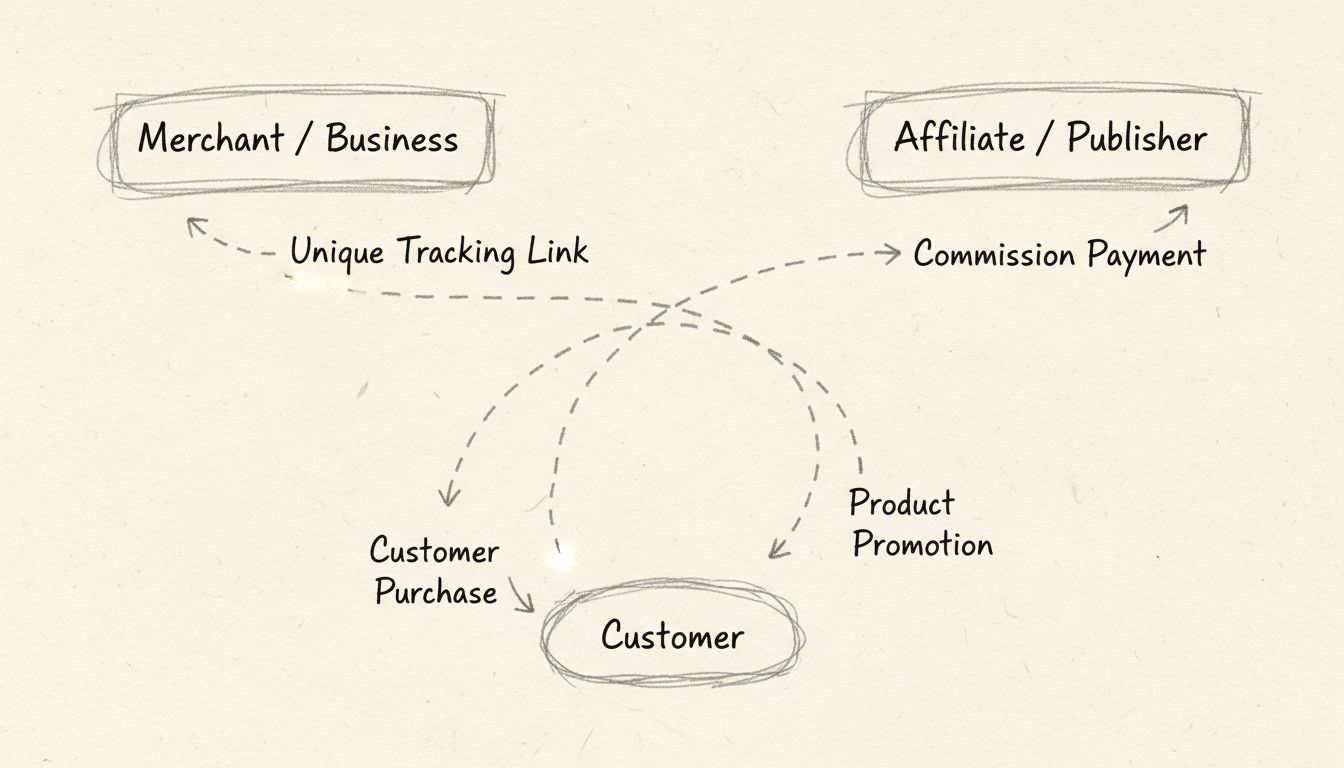 Diagrama del flujo de trabajo del marketing de afiliados mostrando interacciones entre comerciante, afiliado y cliente con enlaces de seguimiento y pagos de comisiones