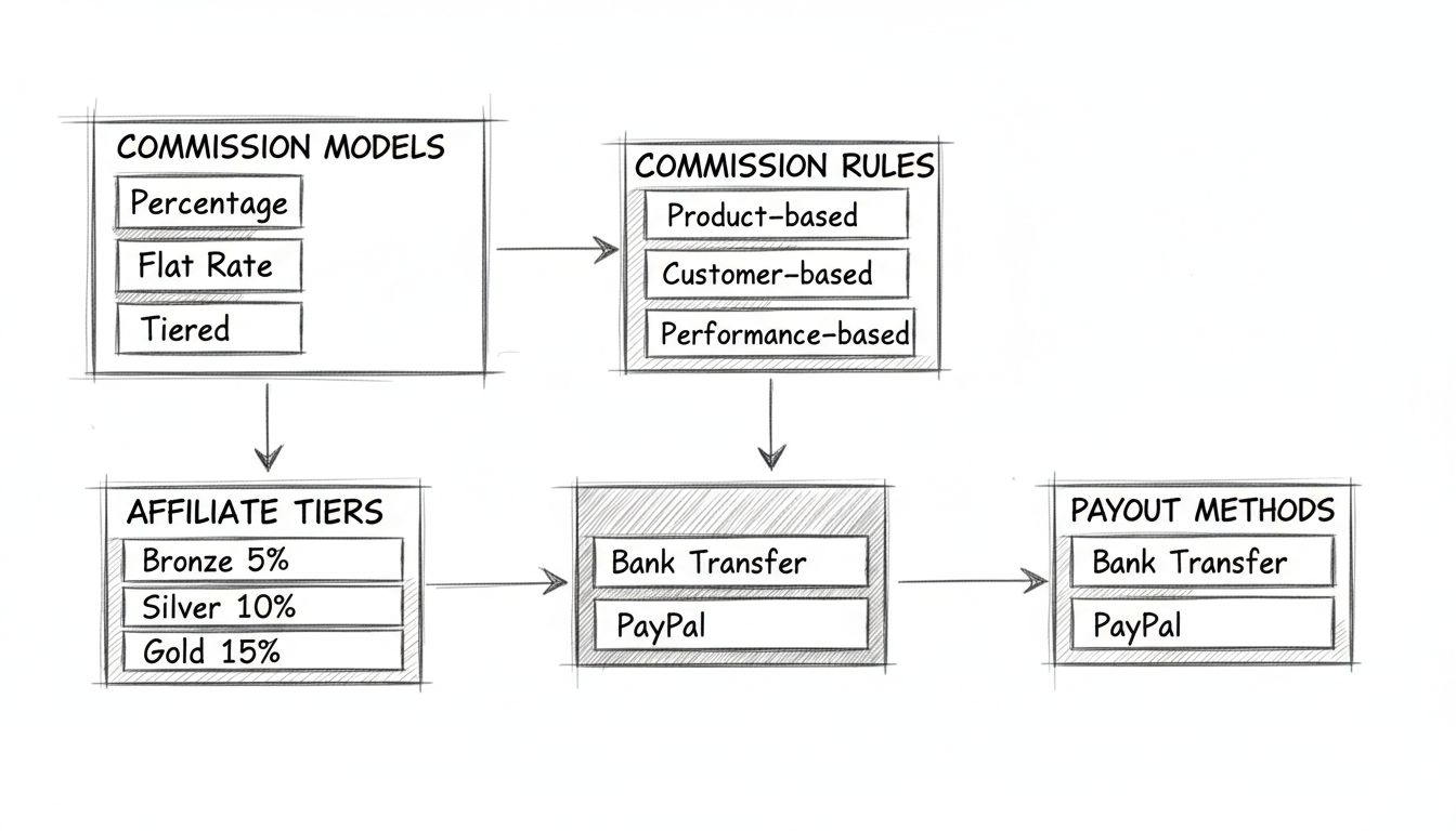 Diagrama dibujado a mano que muestra la configuración de la estructura de comisiones para afiliados con modelos de comisión, reglas, niveles y métodos de pago