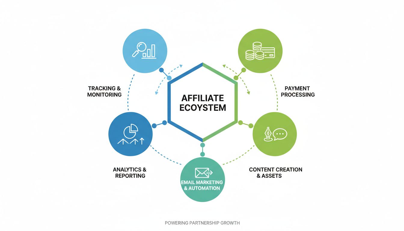 Ecosistema de herramientas de gestión de programas de afiliados mostrando categorías de seguimiento, analítica, procesamiento de pagos, creación de contenido y marketing por correo electrónico