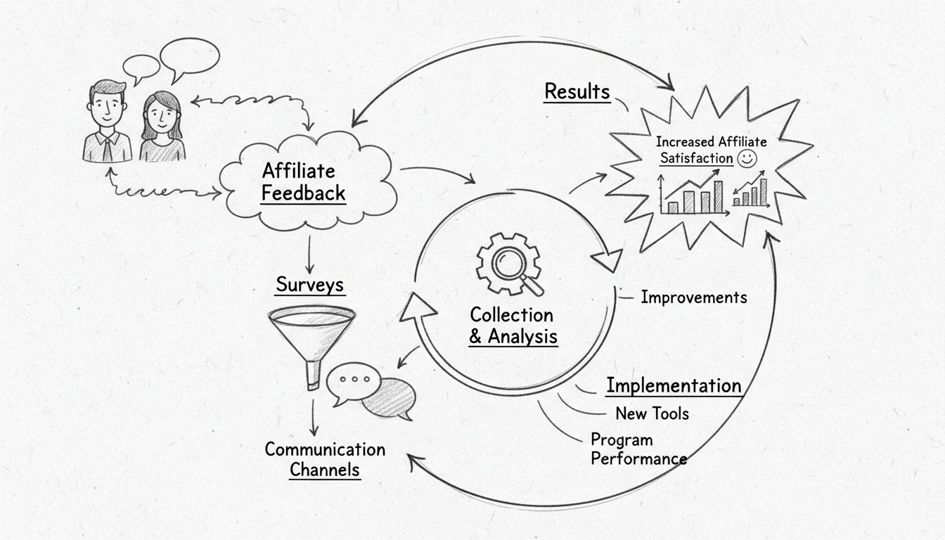Diagrama hecho a mano que muestra el sistema de ciclo de retroalimentación de afiliados con etapas: Retroalimentación de Afiliados, Análisis, Implementación y Resultados