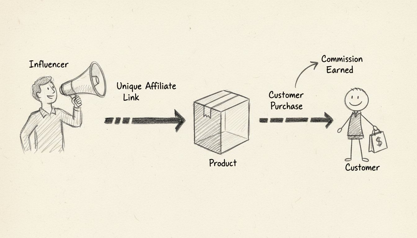 Diagrama dibujado a mano con lápiz que muestra el flujo de una campaña de marketing de afiliados con influencer, enlace de afiliado único, compra de cliente y comisión ganada