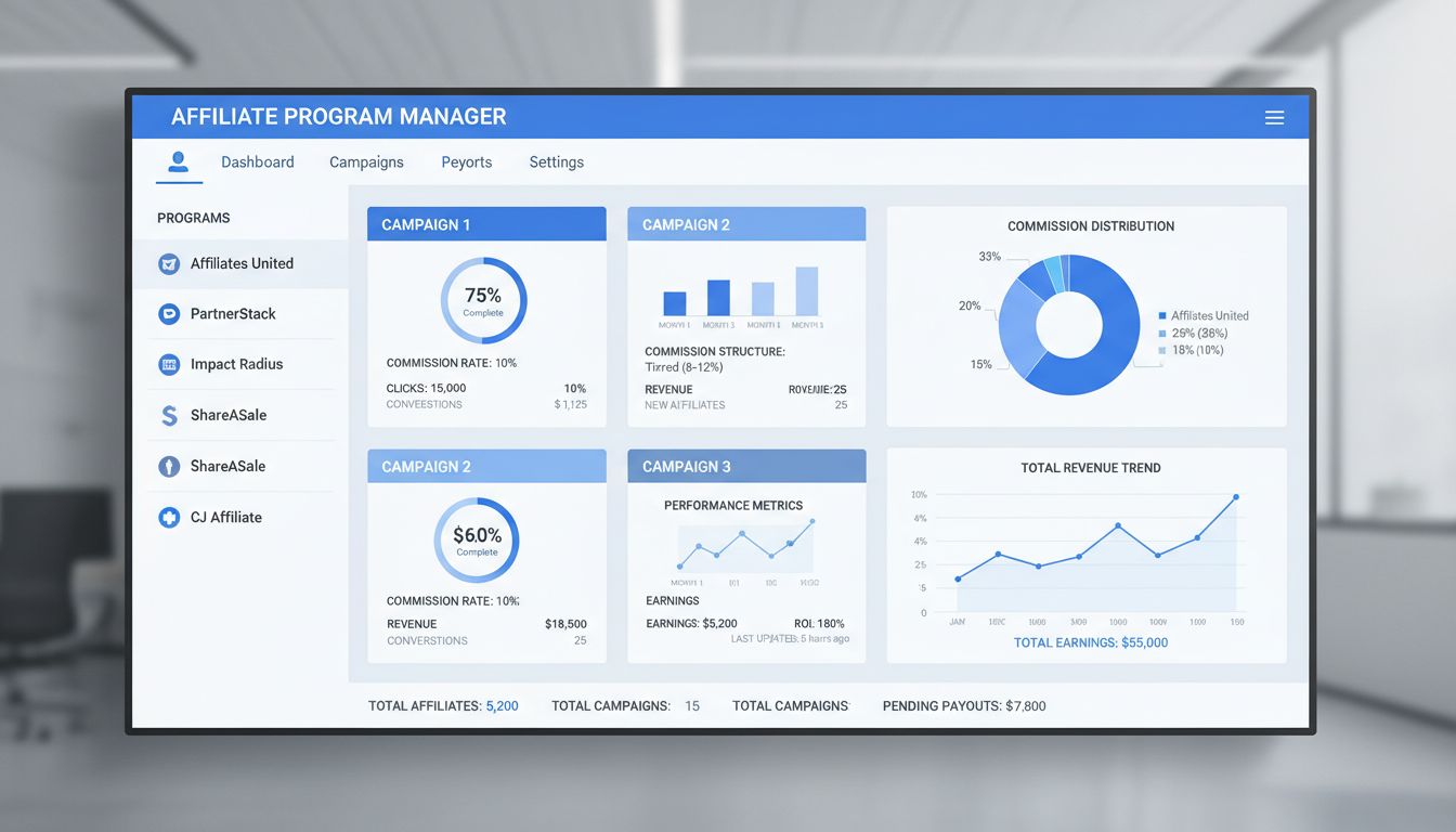 Panel de gestión de múltiples programas de afiliados mostrando diferentes campañas con estructuras de comisiones y analíticas