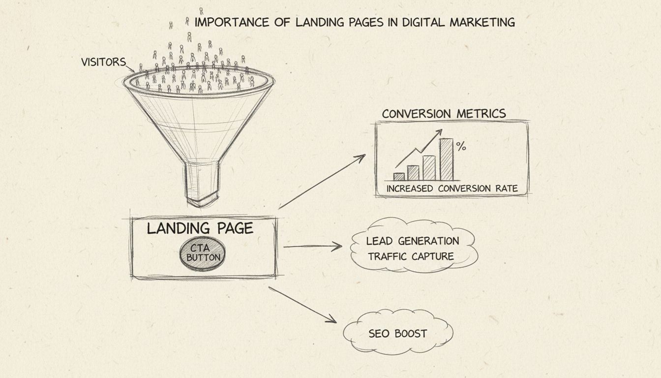 Diagrama dibujado a mano que muestra la importancia de la página de destino con embudo de conversión, botón CTA y beneficios de marketing