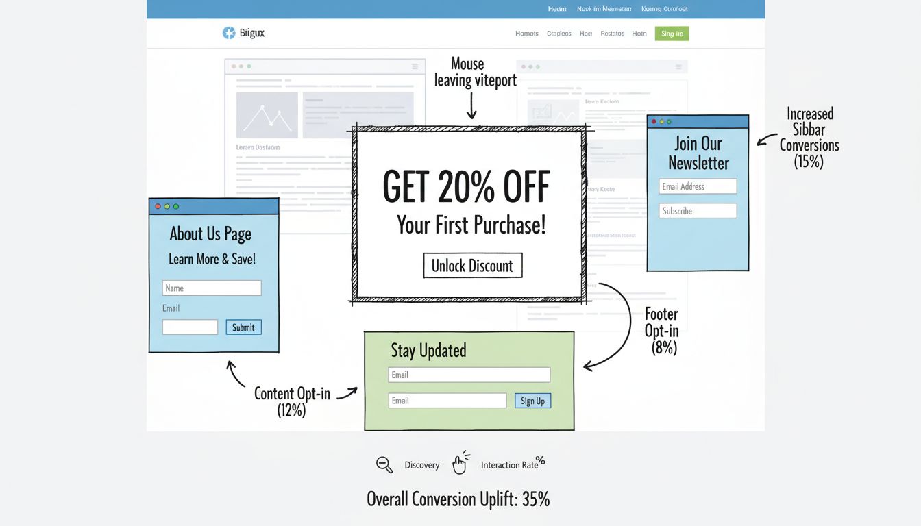 Estrategia de marketing de afiliados con popup, formulario fijo en barra lateral, captación de email en pie de página y formulario en página Sobre Nosotros mostrando métricas de conversión
