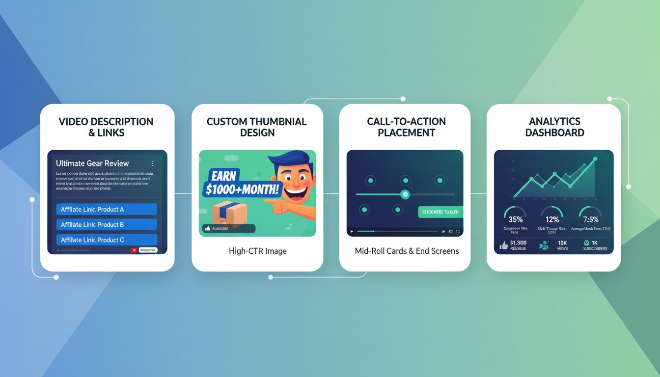 Estrategia de optimización de videos de afiliados mostrando colocación de enlaces, diseño de miniaturas, timing del llamado a la acción y panel de analítica