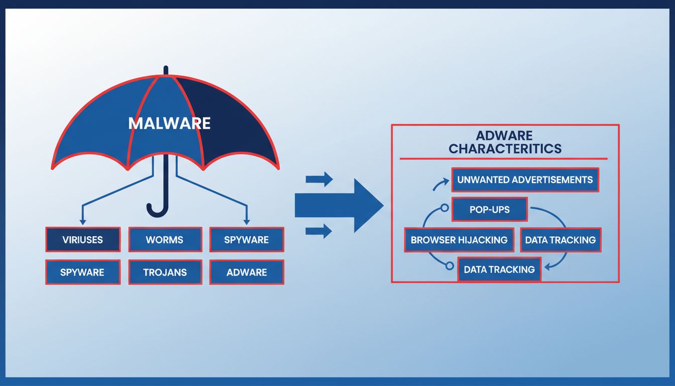 Diagrama que muestra la relación entre las categorías de adware y malware
