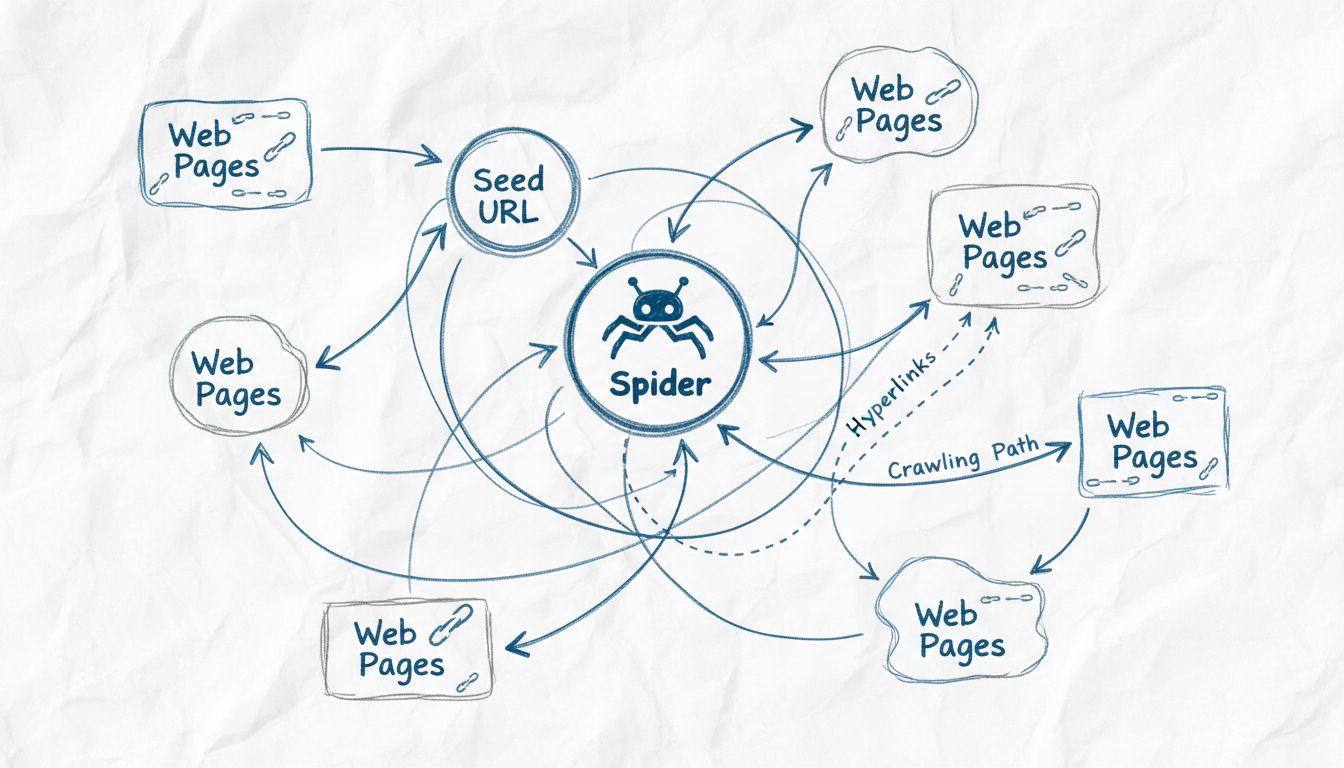 Diagrama técnico que muestra cómo las arañas web rastrean páginas interconectadas siguiendo hipervínculos desde la URL semilla