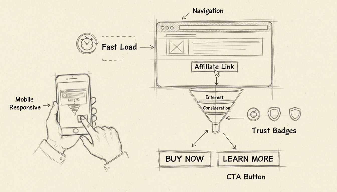 Elementos de diseño UX para marketing de afiliados que incluyen navegación, adaptabilidad móvil, carga rápida, sellos de confianza y optimización de conversiones