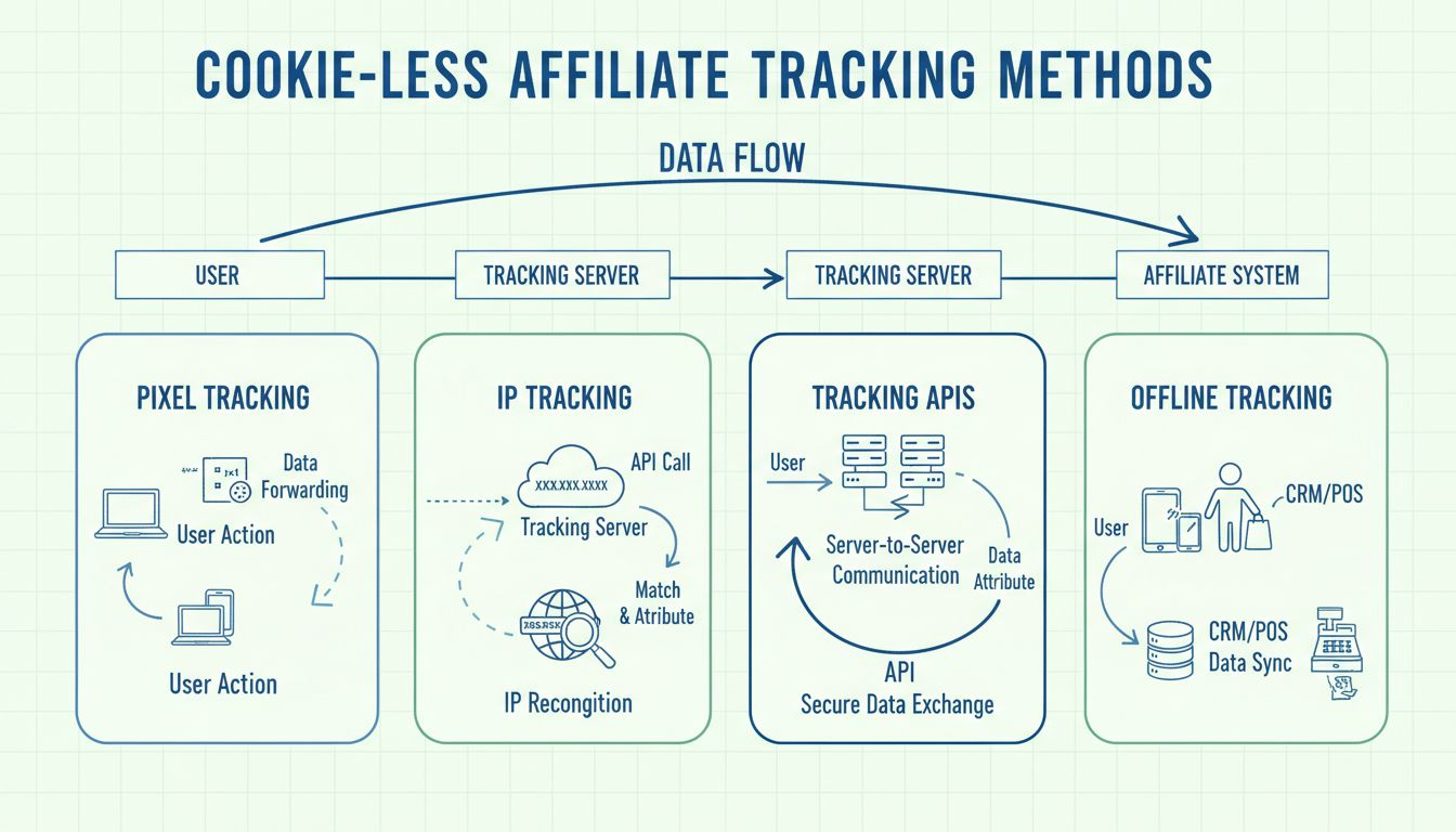 Métodos de seguimiento sin cookies: infografía que muestra seguimiento por píxel, IP, APIs y seguimiento offline