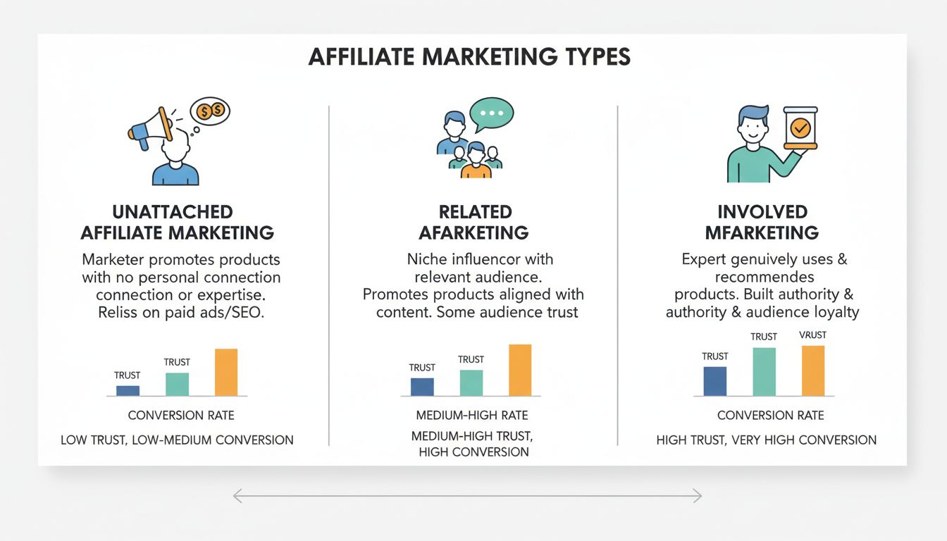 Diagrama comparativo de los tres tipos de marketing de afiliados: no vinculado, relacionado e involucrado, mostrando niveles de confianza y tasas de conversión