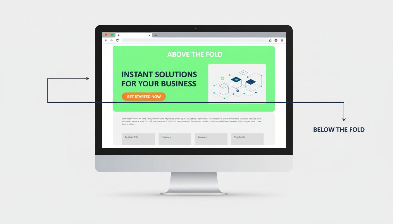 Diagrama de diseño web above the fold que muestra la ventana del navegador dividida en secciones visibles y desplazables