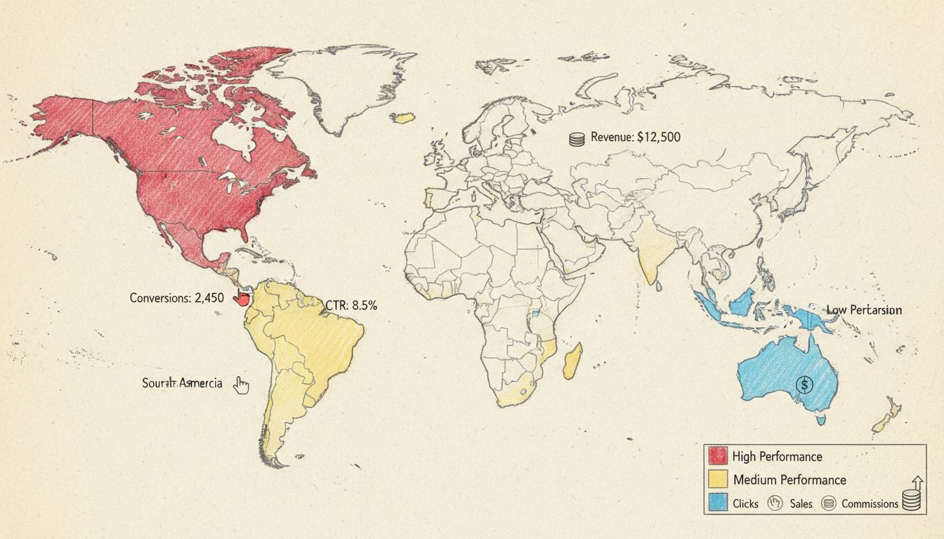 Hand-drawn diagram of world map with geographic heat map overlay showing affiliate marketing performance data by region with color-coded performance metrics