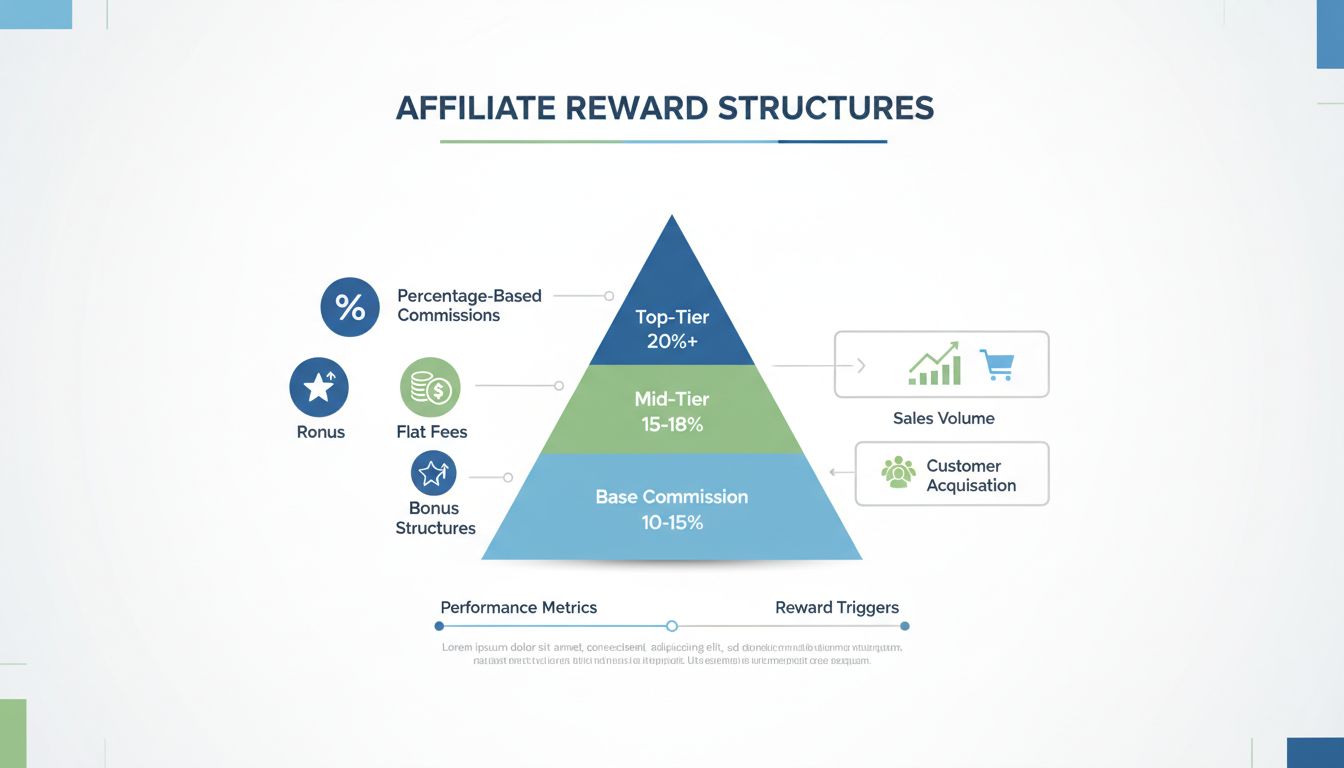 Estructura escalonada de comisiones de afiliados mostrando recompensas base, intermedias y superiores con opciones de porcentaje y tarifa fija