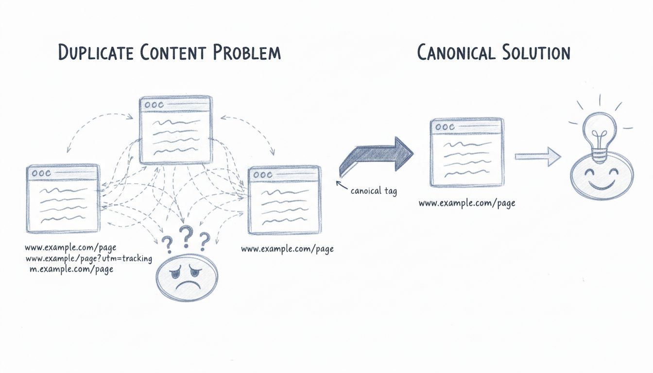 Diagrama que muestra el problema de contenido duplicado a la izquierda con múltiples variaciones de URL apuntando a un motor de búsqueda confundido, y la solución canónica a la derecha con una sola página consolidada