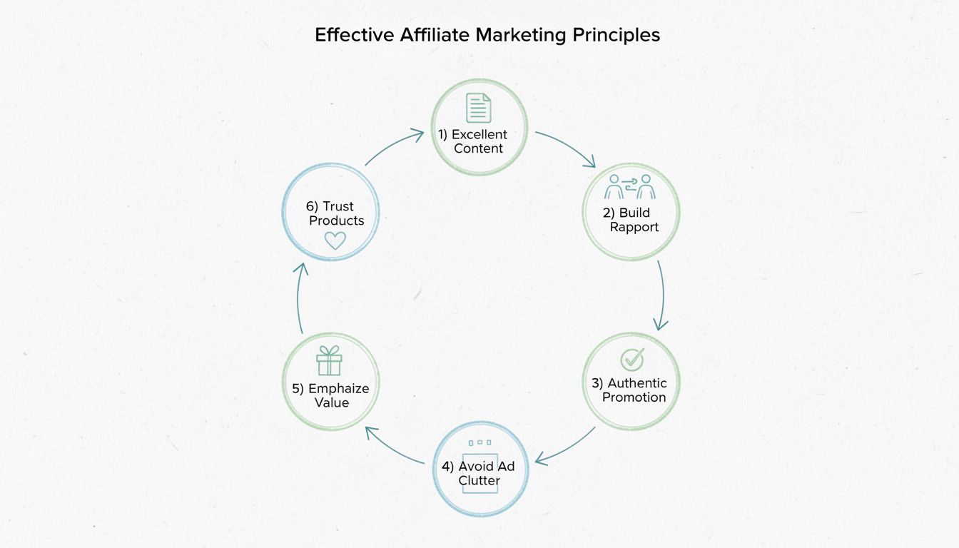Seis principios clave del marketing de afiliados efectivo en un blog: contenido excelente, construir empatía, promoción auténtica, evitar saturación de anuncios, destacar el valor y confiar en los productos
