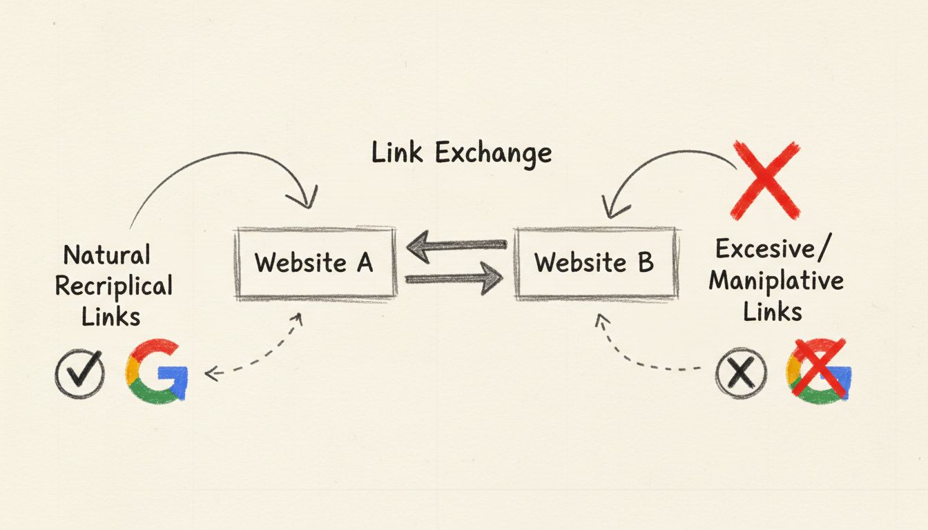 Diagrama de enlaces recíprocos mostrando intercambios de enlaces naturales vs manipulativos con indicadores de aprobación de Google