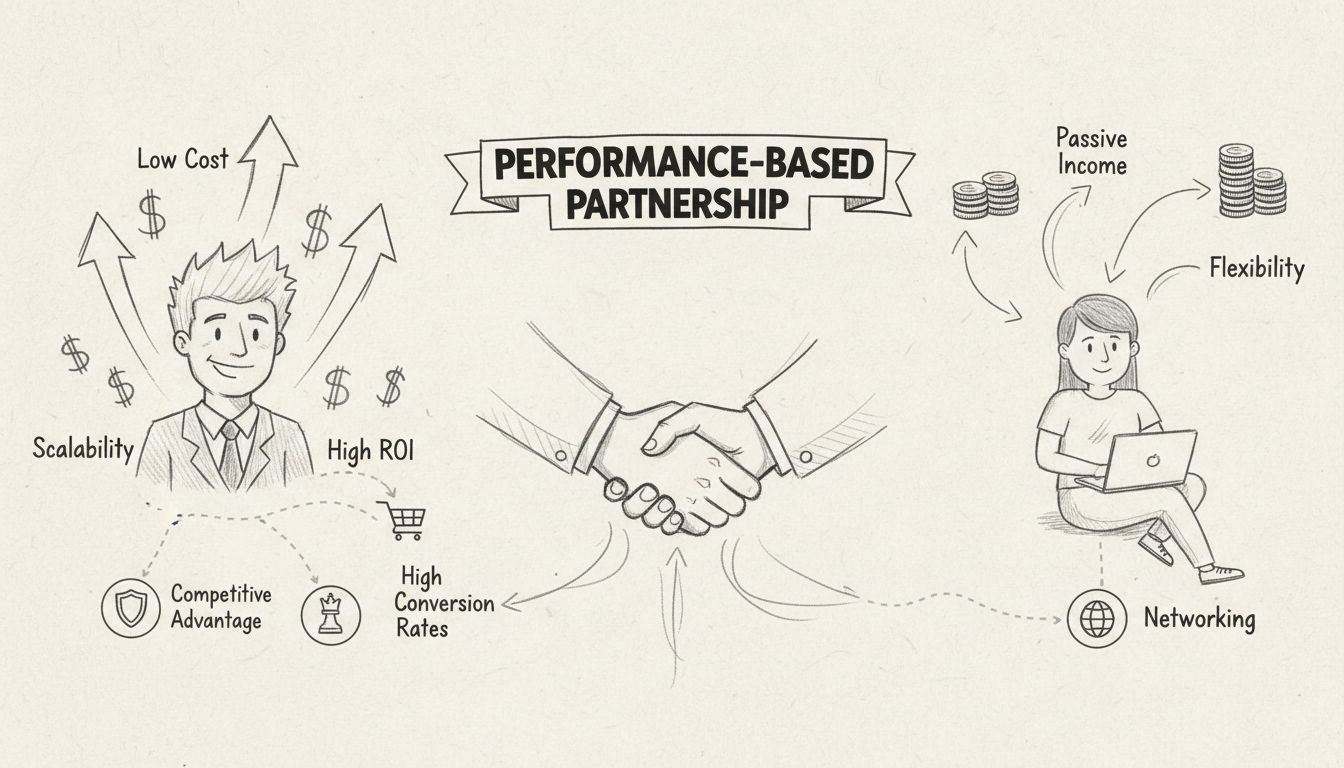 Diagrama dibujado a mano mostrando los beneficios de un programa de afiliados, incluyendo bajo costo, alto ROI, escalabilidad, ingreso pasivo, flexibilidad, networking y asociación basada en el rendimiento