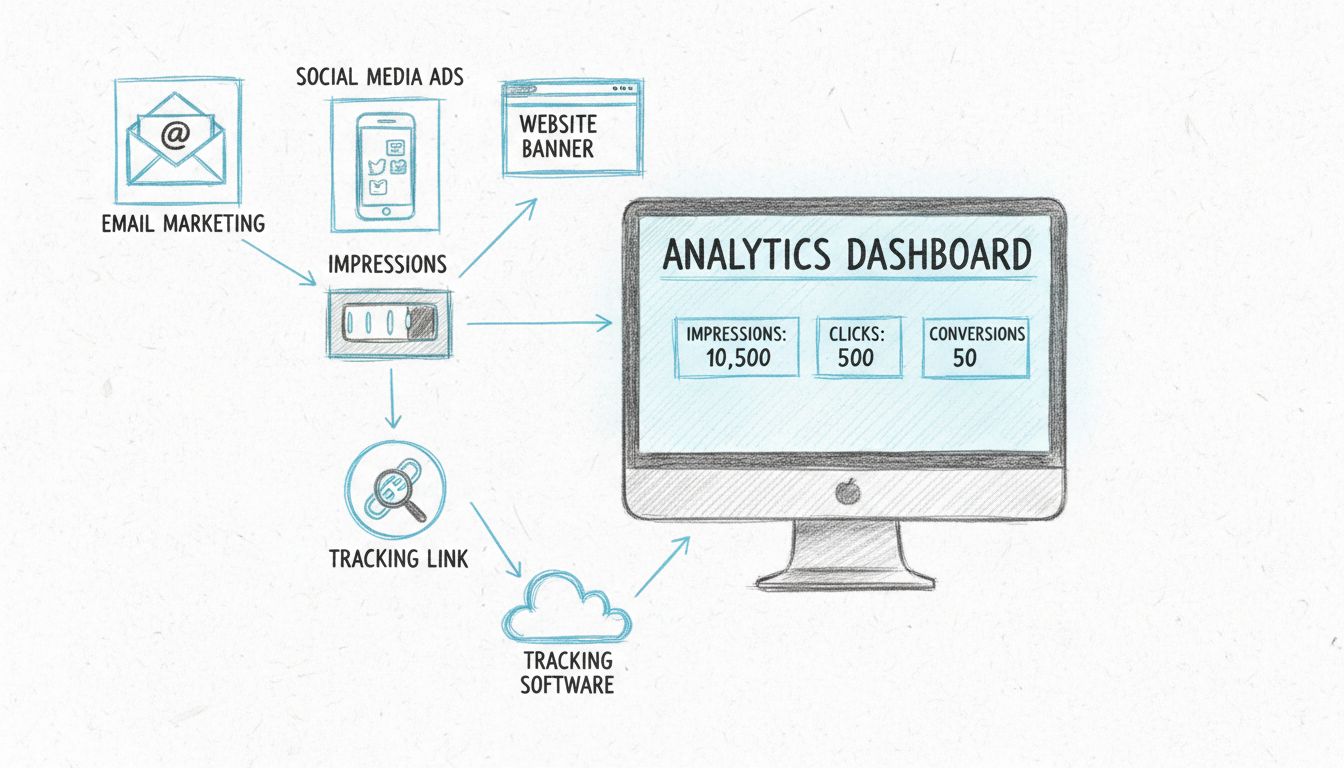 Hand-drawn diagram showing impression tracking methods with analytics dashboard, multiple advertising channels, and tracking metrics