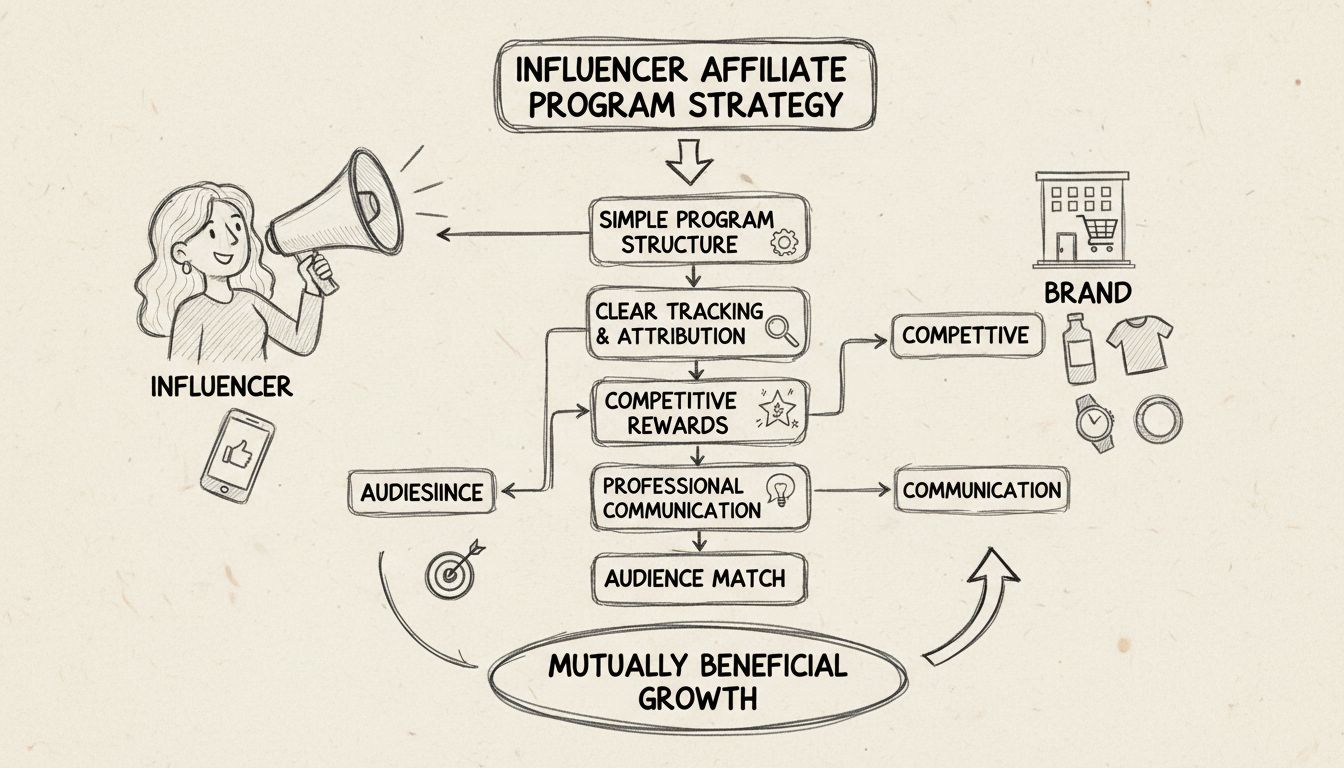 Diagrama de estrategia de programa de afiliados para influencers que muestra la estructura del programa, el seguimiento, las recompensas, la comunicación y la alineación con la audiencia
