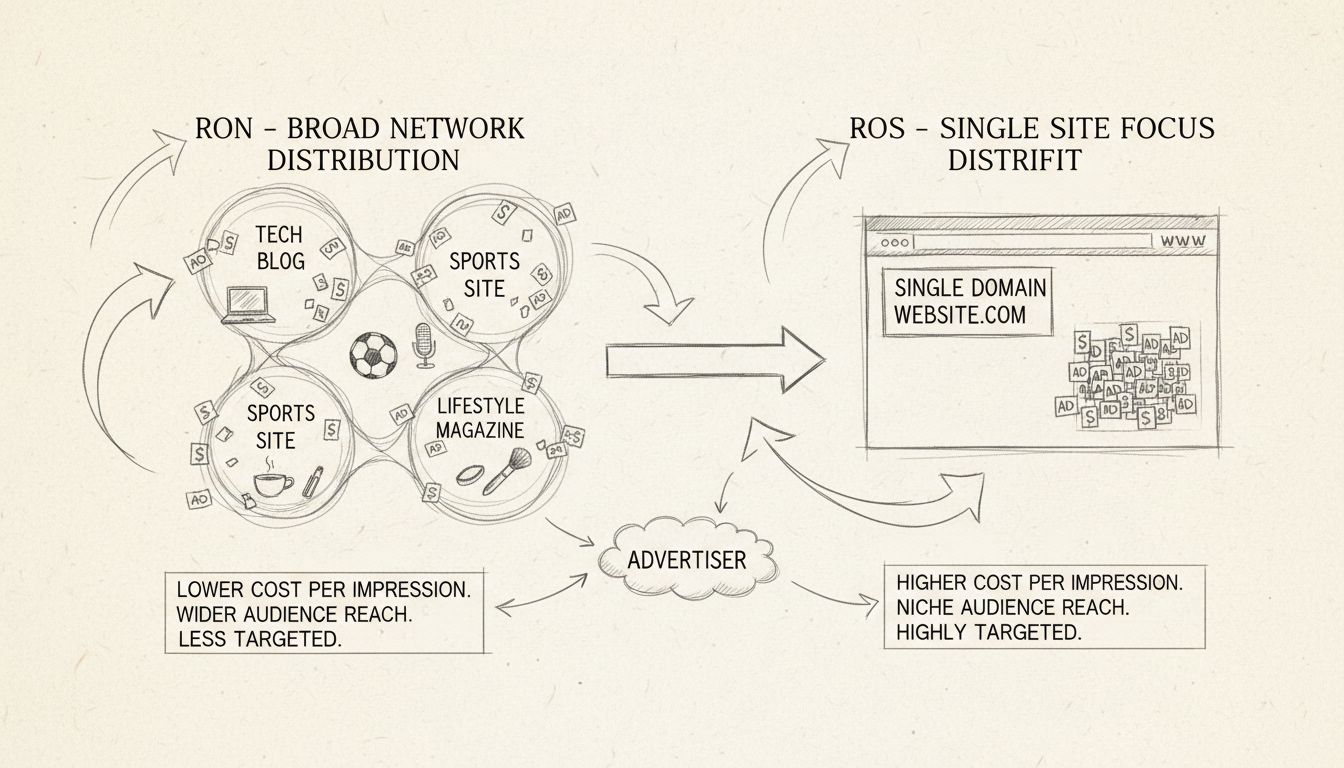 Diagrama dibujado a mano que compara las estrategias publicitarias Run of Network (RON) y Run of Site (ROS) mostrando la distribución en toda la red frente al enfoque en un solo sitio