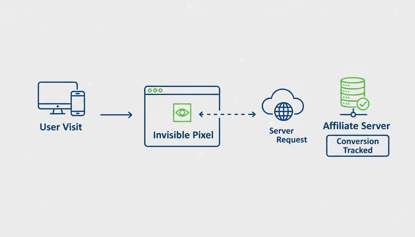 Diagrama del flujo de trabajo del seguimiento por píxel mostrando la visita de usuario, carga del píxel invisible, solicitud al servidor y registro de la conversión