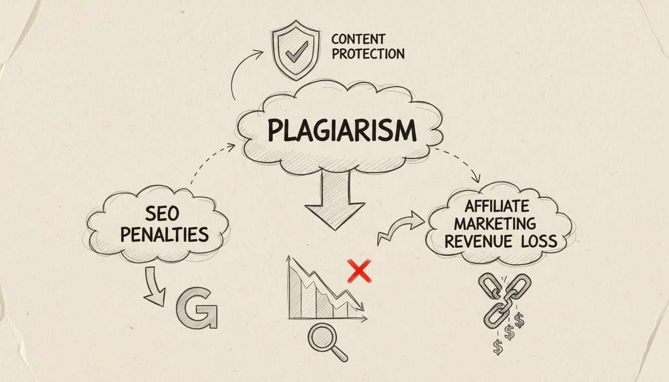 Diagrama que muestra la relación entre plagio, penalizaciones SEO y pérdida de ingresos de afiliados