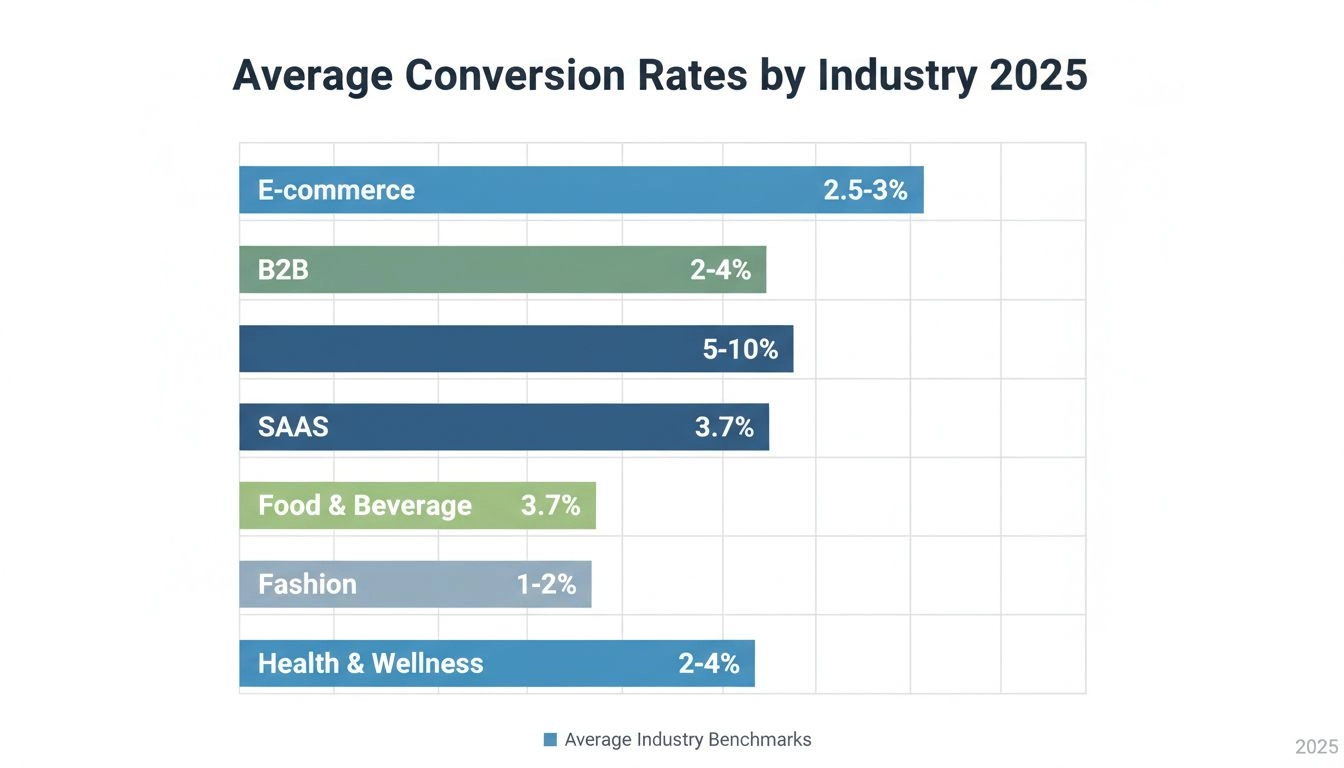 Referencias de tasas de conversión por industria en 2025, mostrando gráfico de barras con porcentajes para e-commerce, B2B, SaaS, alimentos y bebidas, moda, y sectores de salud y bienestar