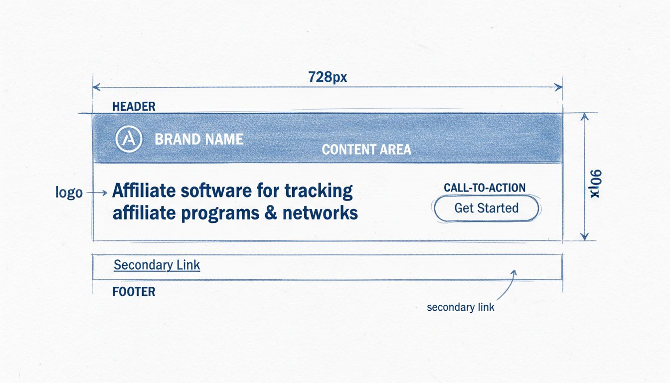 Diagrama de la estructura de un banner HTML mostrando encabezado, área de contenido, botón de llamada a la acción y componentes de pie de página con dimensiones de 728x90 píxeles