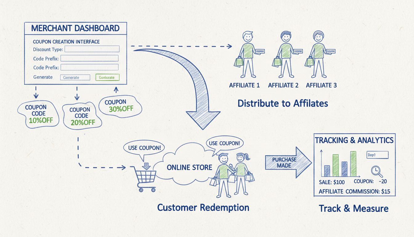 Diagrama del flujo de trabajo de generación de cupones que muestra el panel del comerciante, la creación de cupones, la distribución a afiliados, el canje por parte de clientes y el seguimiento