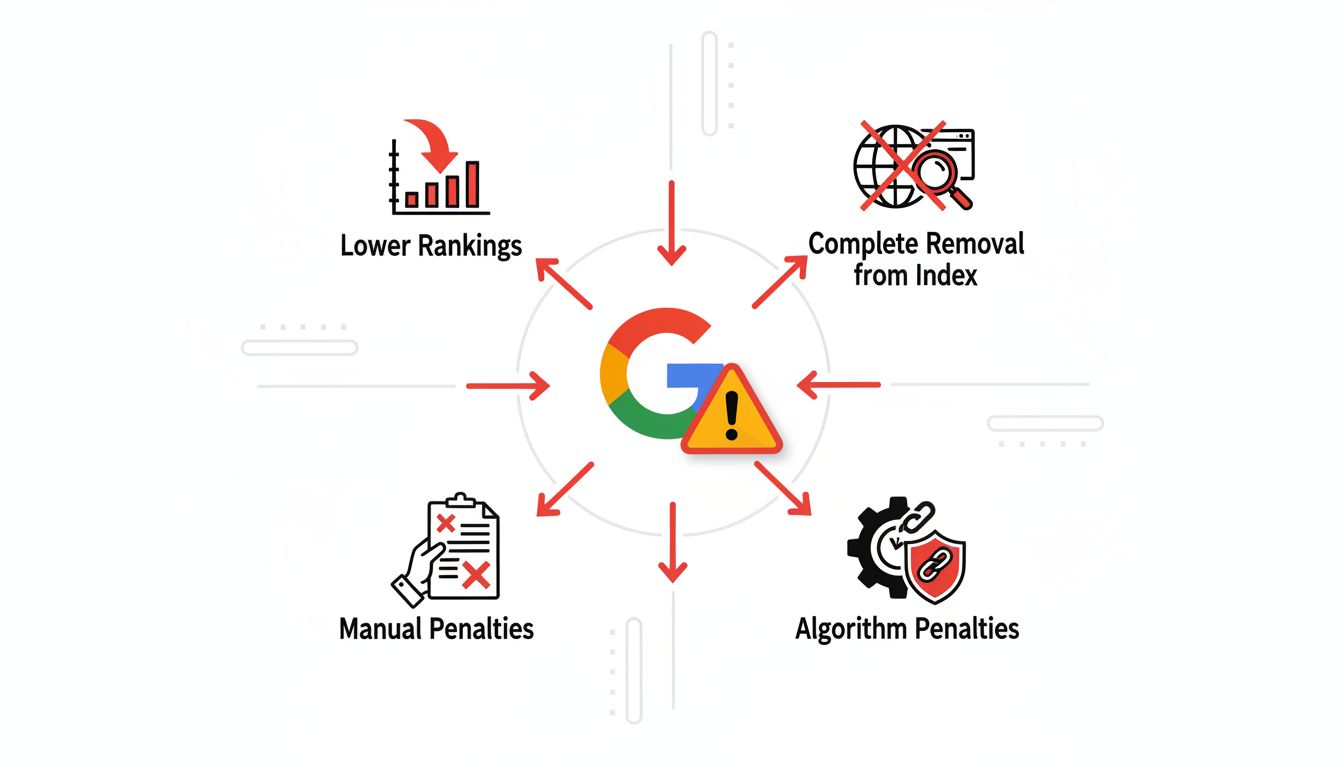 Infografía sobre sanciones y riesgos SEO, incluyendo caídas de ranking, eliminación del índice, sanciones manuales y algorítmicas