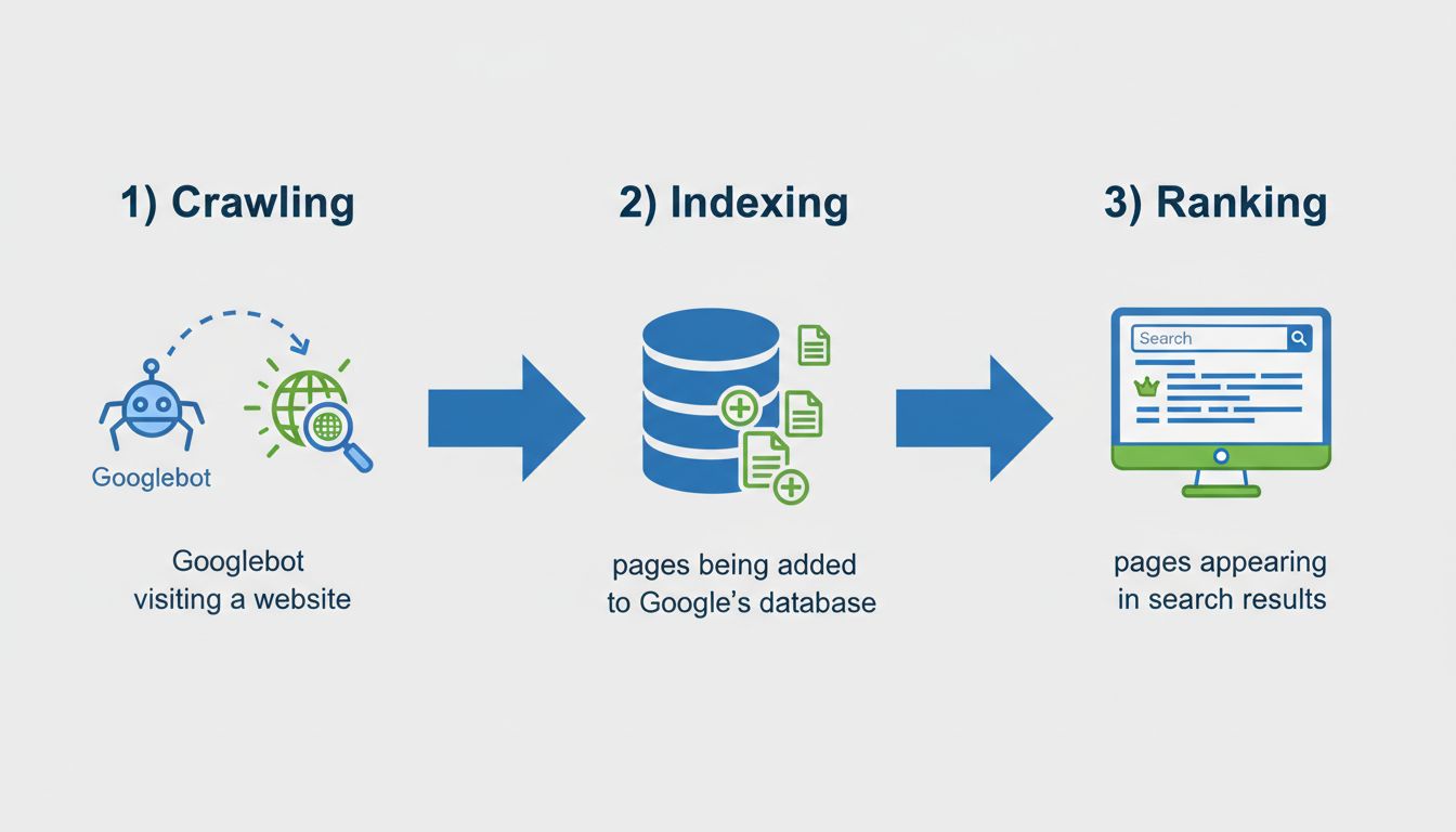 Flujo del proceso de indexación de páginas en Google mostrando las etapas de rastreo, indexación y posicionamiento