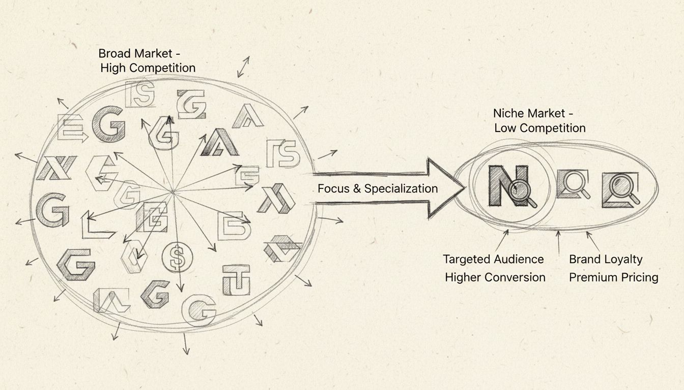 Diagrama de estrategia de marketing de nicho que muestra el mercado amplio vs el mercado de nicho enfocado con menor competencia
