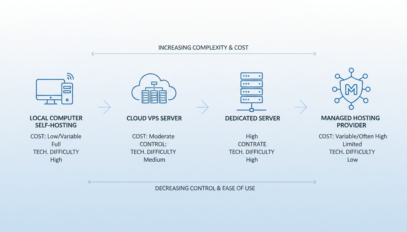 Diagrama comparativo de opciones de alojamiento mostrando ordenador local, VPS en la nube, servidor dedicado y alojamiento administrado