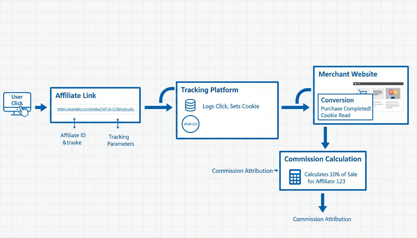 Diagrama técnico que muestra el flujo de un enlace de seguimiento de afiliados con clic de usuario, parámetros de seguimiento y atribución de conversión