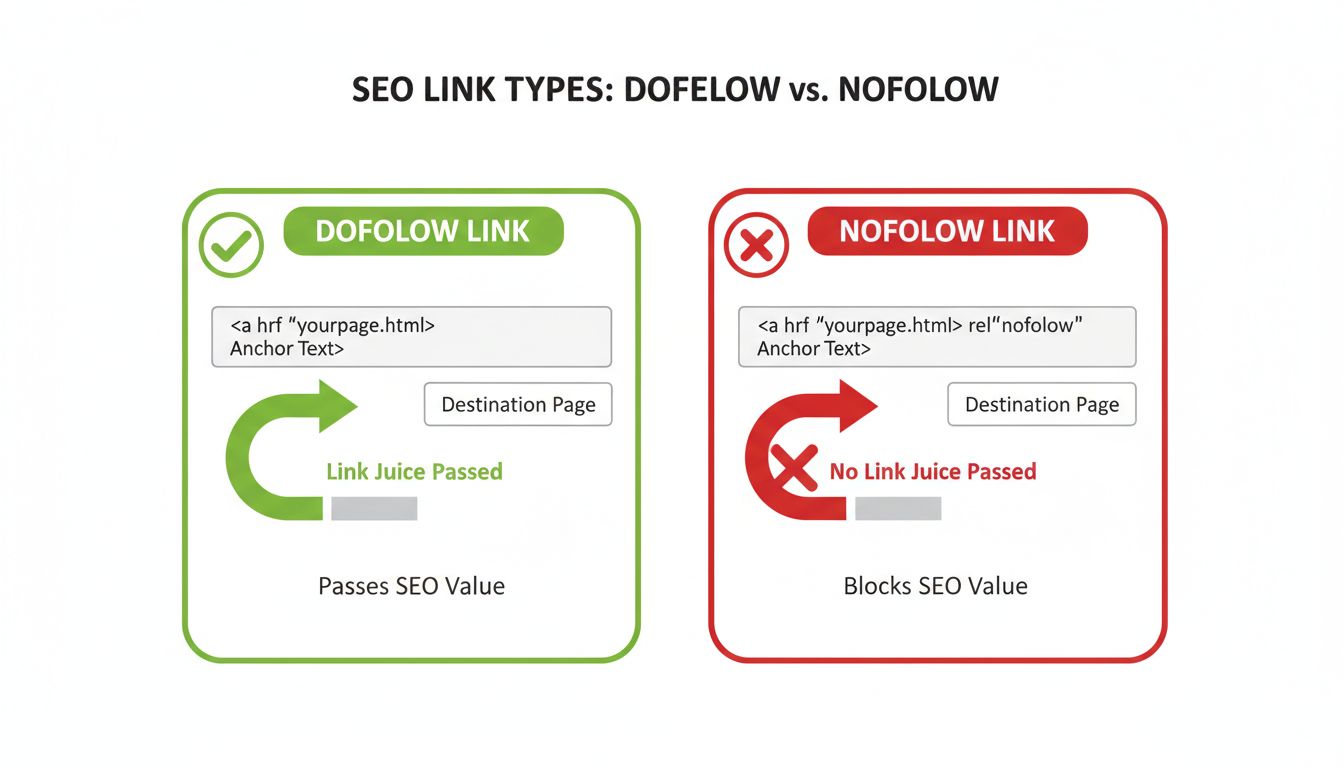 Diagrama técnico comparando enlaces dofollow y nofollow mostrando el flujo de link juice y ejemplos de código HTML