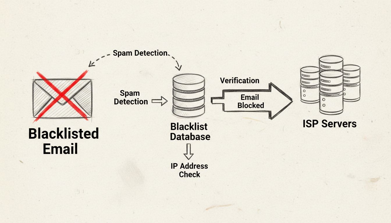 Diagrama de flujo de listas negras de correo mostrando detección de spam, comprobación de IP, verificación de dominio y proceso de bloqueo de emails