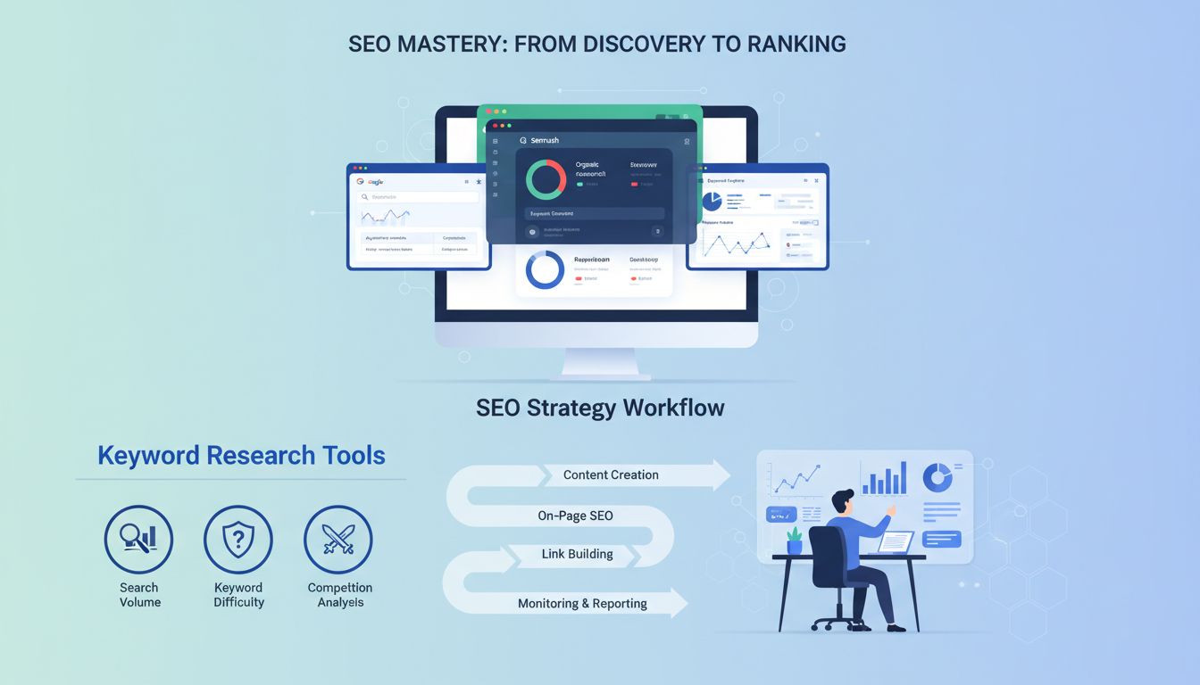 Panel de herramientas de investigación de palabras clave que muestra volumen de búsqueda, dificultad de palabra clave y análisis de competencia