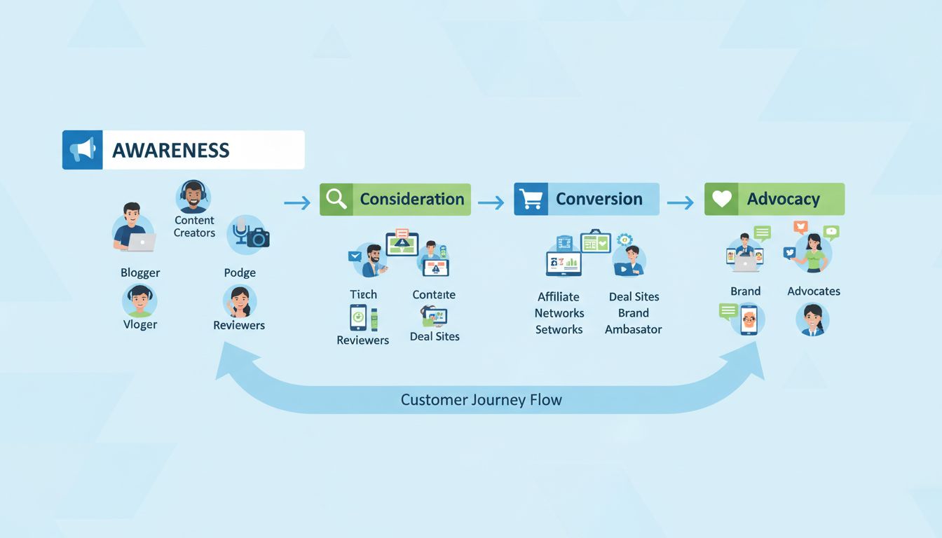 Etapas del embudo de marketing de afiliados mostrando reconocimiento, consideración, conversión y recomendación, con diferentes tipos de afiliados en cada etapa