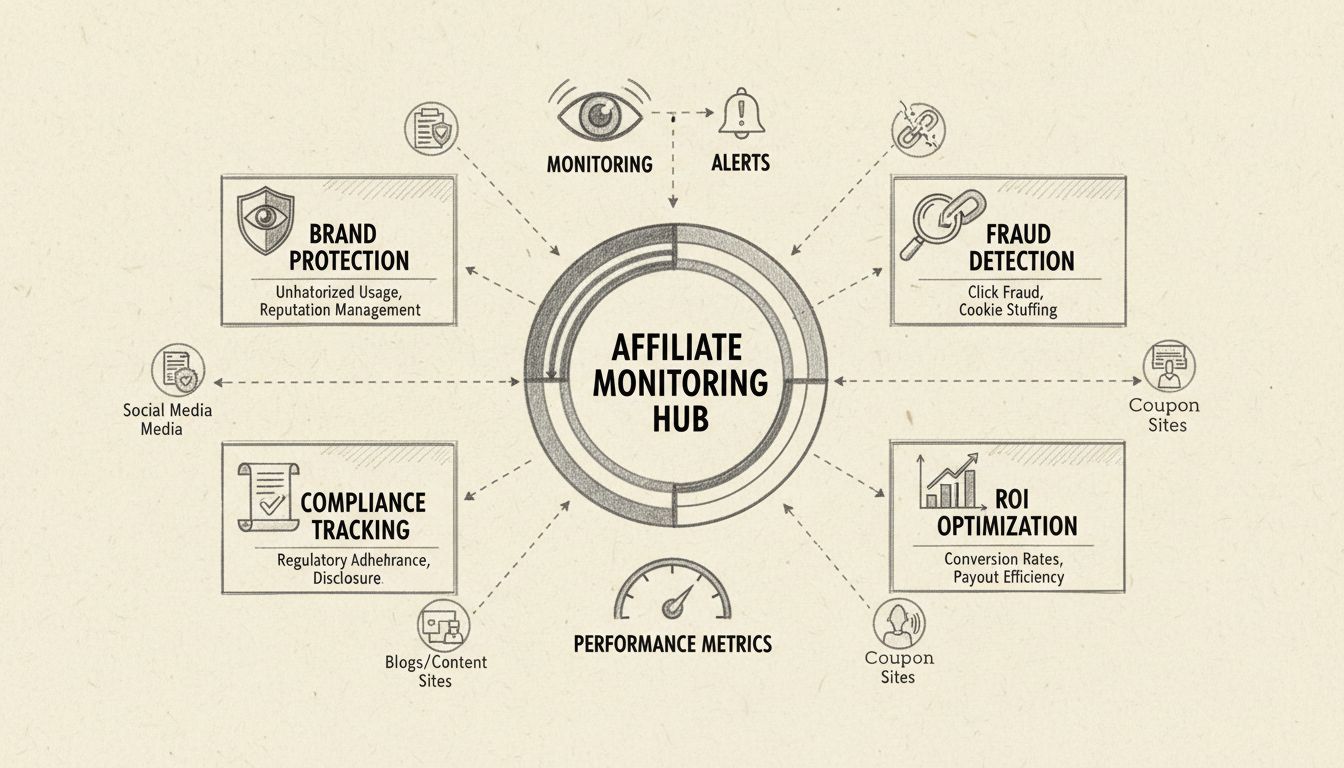 Panel de monitoreo de afiliados mostrando métricas de protección de marca, detección de fraudes, seguimiento de cumplimiento y optimización de ROI